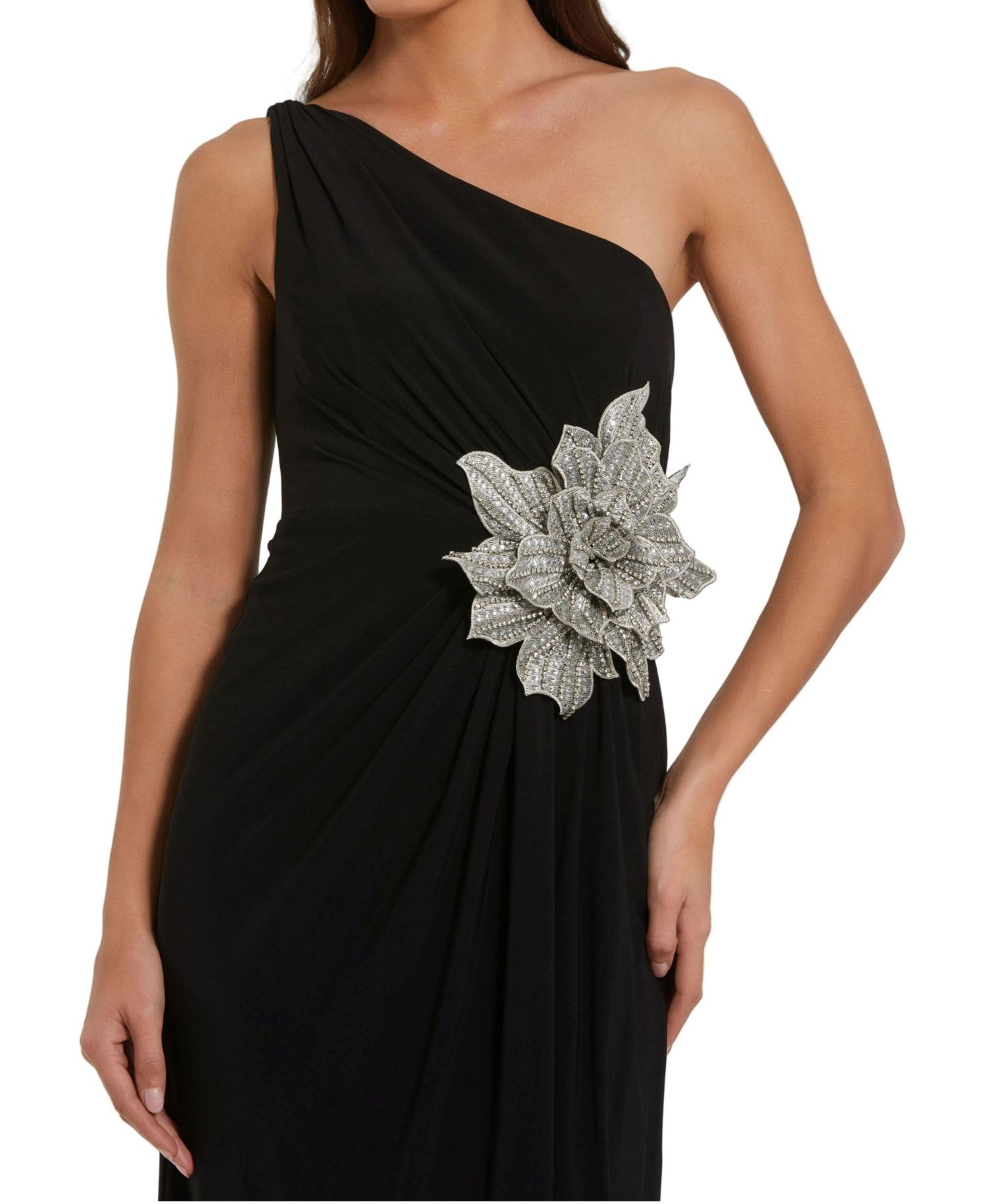 Women's One Shoulder Jersey Gown with Rhinestone Floral Applique