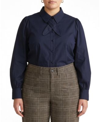  Women's Plus Size Janet Tie-Neck Cotton Poplin Shirt