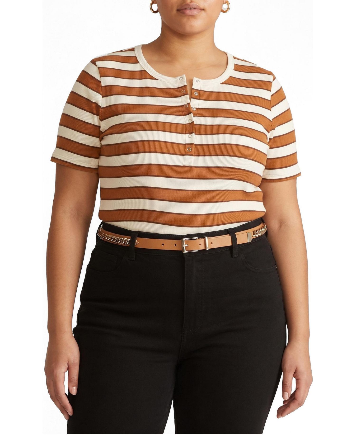 Plus Size Henley Short Sleeve Ribbed Tee