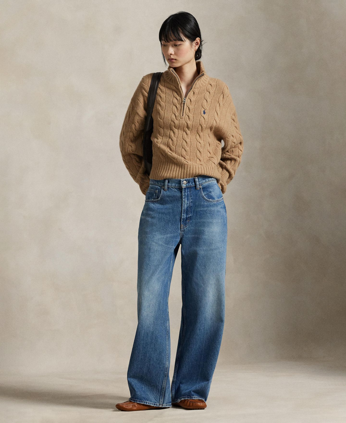 Женский свитер Polo Ralph Lauren Cable-Knit Half-Zip Wool-Cashmere, цвет: Верблюжий меланжевый — фото 2