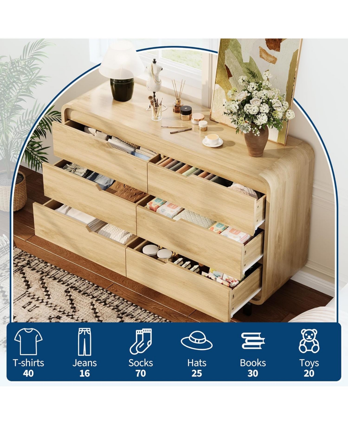 gaomon 6 Drawer Wood Dresser for Bedroom, Modern Storage Chest Organizer