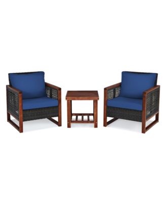 3 Pieces Acacia Wood Patio Furniture Set with Coffee Table and Cushions