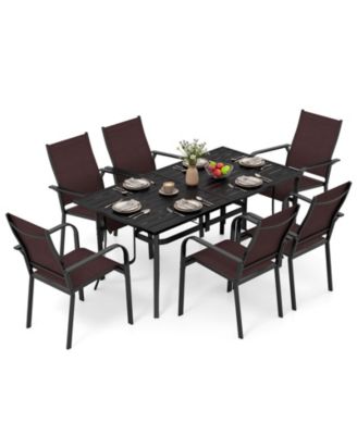 7PCS Patio Dining Set for 6 Metal Table w/Umbrella Hole and 6 Stackable Armchairs