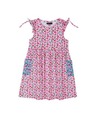 Toddler Girls Cherry Striped Blocked Dress With Scalloped Neck Binding