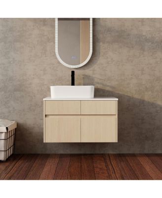 Inch Wall Mounted Bathroom Vanity with Ceramic Sink, Storage Drawers and Wood Grain Finish for Modern Bathrooms