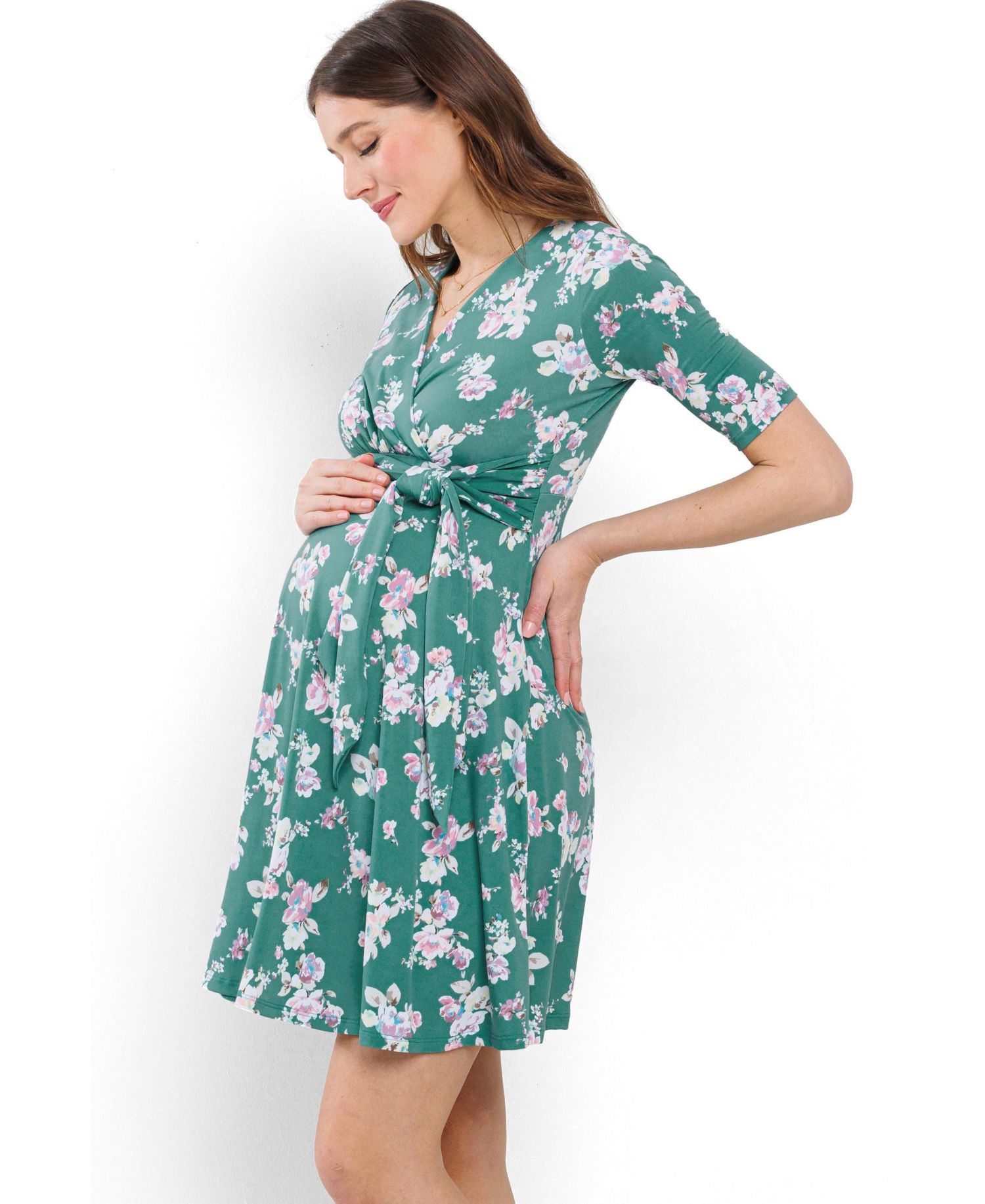 Women's Floral V Neck Wrap Nursing Dress with Tie Waist