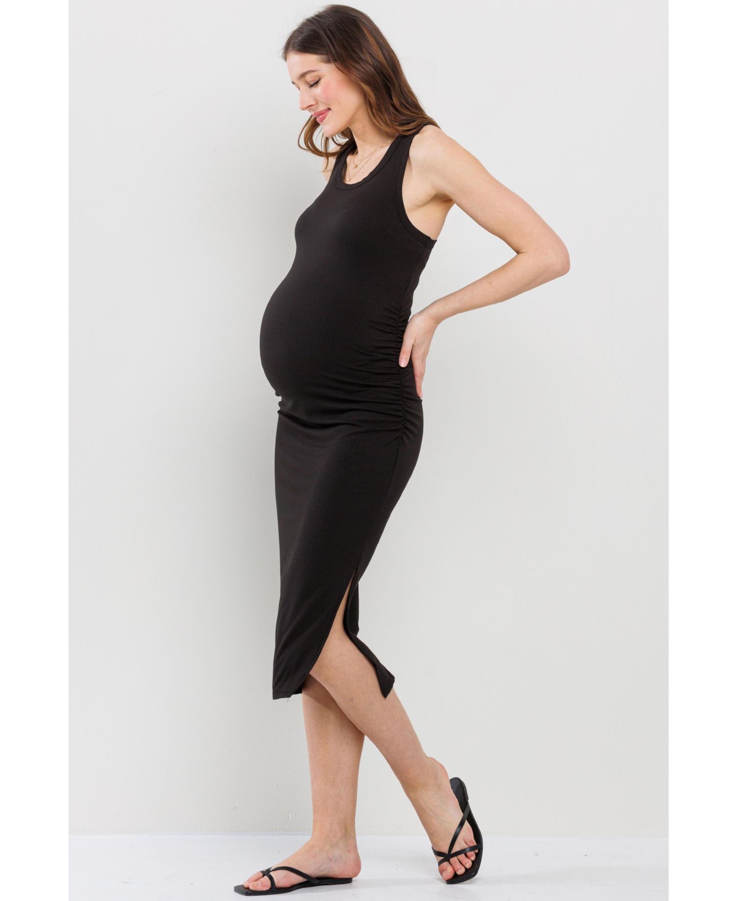 Women's Ribbed Side Slit Sleeveless Bodycon Midi Dress