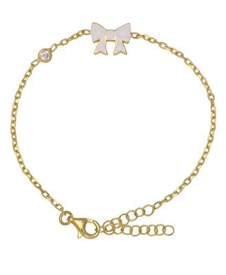 Enamel Bow and Cubic Zirconia Bezel Station Chain Link Bracelet in 14K Gold over Sterling Silver