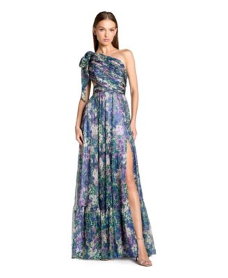 Petite One-Shoulder Floral Printed Chiffon Cutout Gown