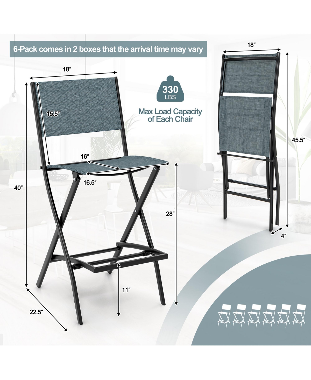 Gymax Folding Bar Stools Set of 6 Patio Sling Chairs w/ Backrest Humanized Footrest