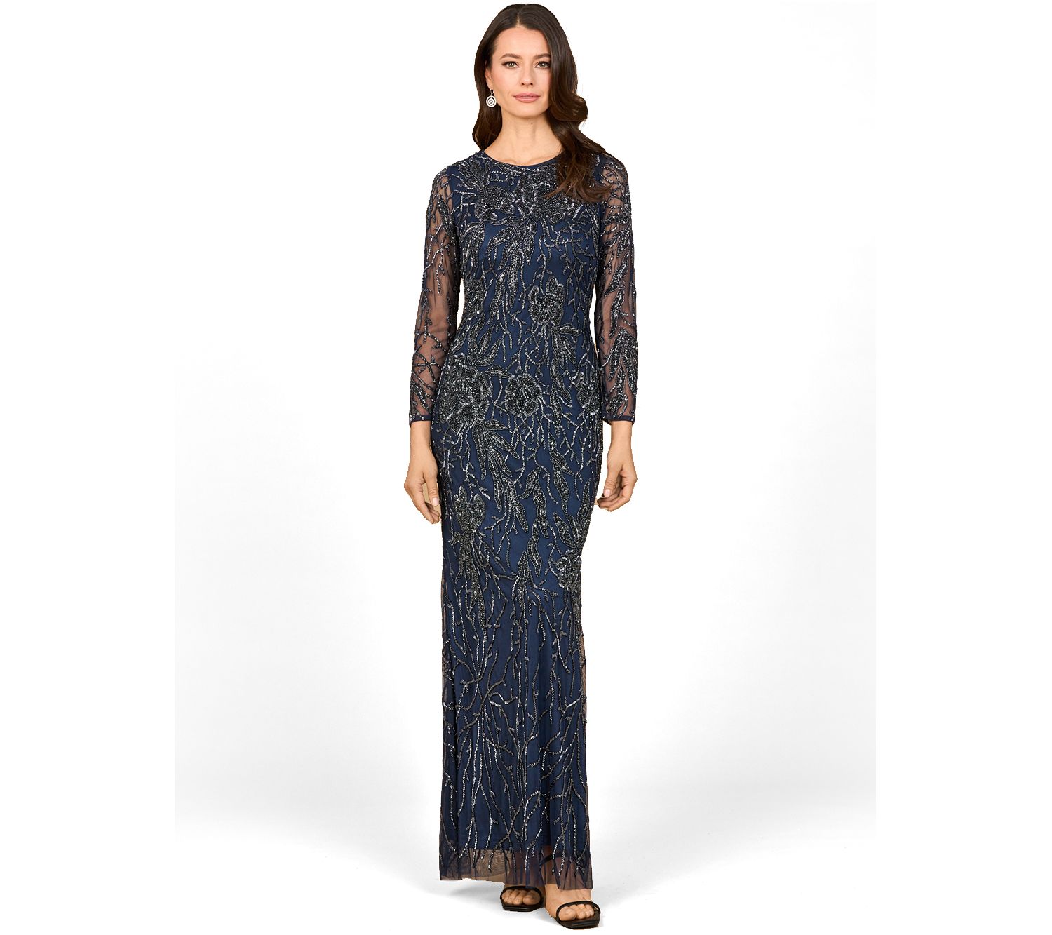 Women's High Neck, Long Sleeve Beaded Gown