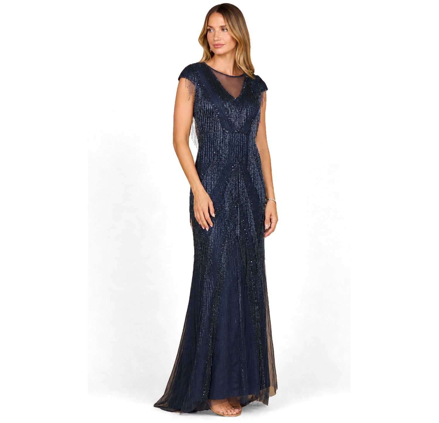 Women's Beaded Fringe V-Neckline Dress with Cap Sleeves