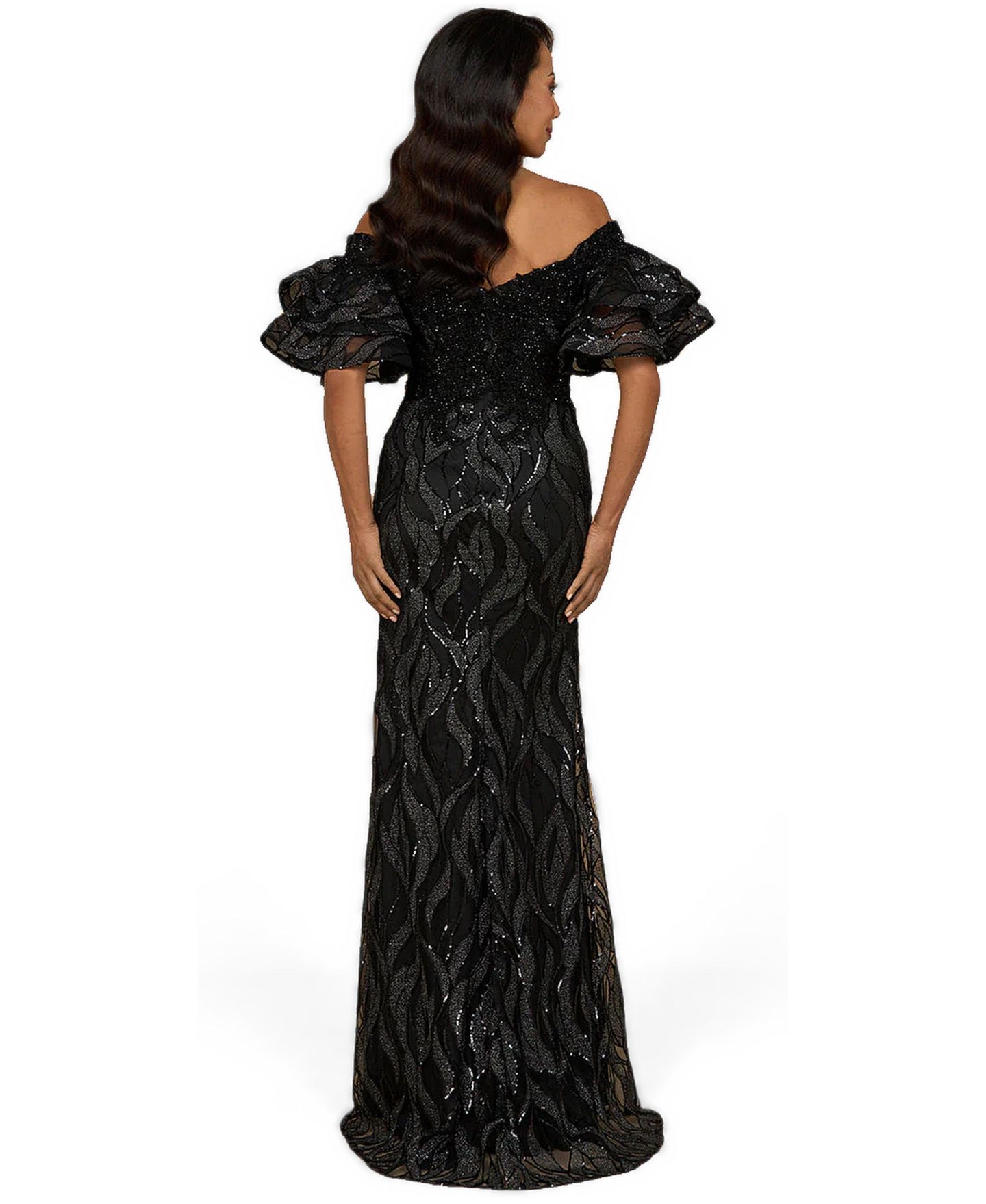 Женские платья Lara Off Shoulder Mermaid Beaded Gown with Tiered Sleeves, цвет: Чёрный — фото 2