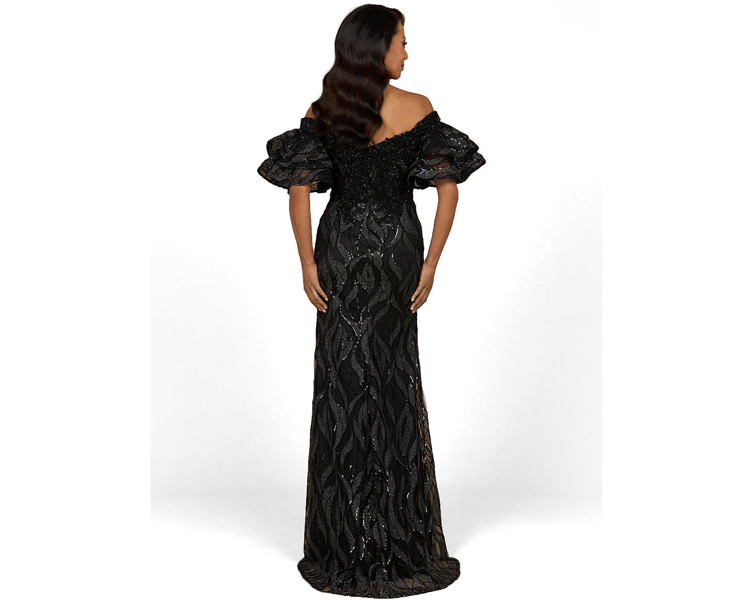 Women's Off Shoulder Mermaid Beaded Gown with Tiered Sleeves
