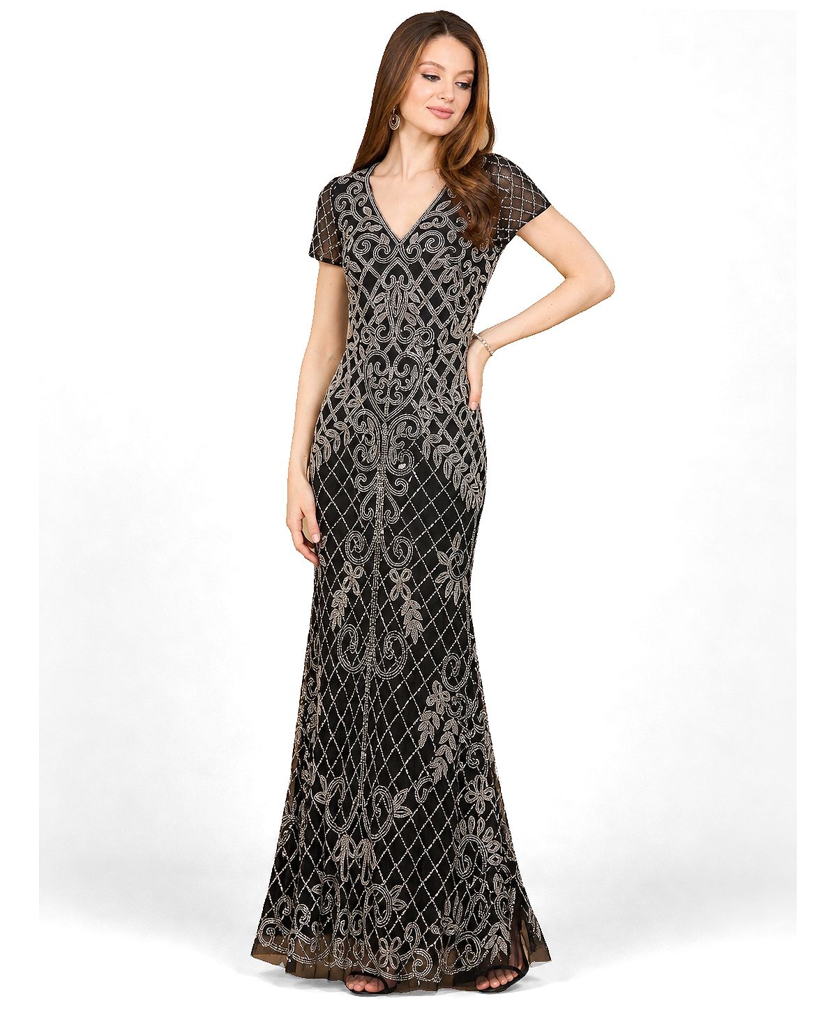 Lara Women's Cap Sleeve Mermaid Beaded Gown view 3 — MAYCSS fashion products
