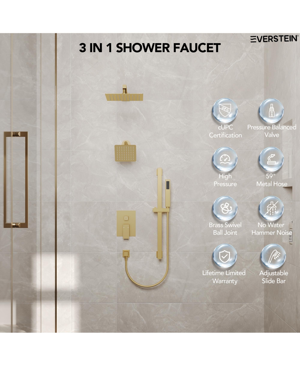 Everstrein 10" High-Pressure Rainfall Shower Faucet with Handheld Spray and Slide Bar Wall Mount Dual Shower Head System