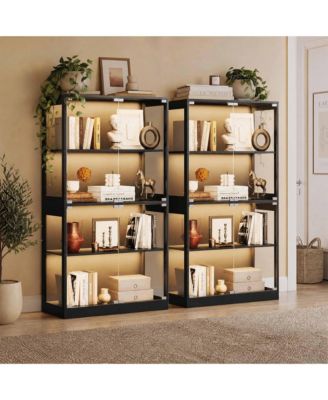 Set of 2 Glass Display Cabinet 4-Tier - Curio Cabinet with Glass Doors and 3-Color LED Lights, Human Sensor, USB Charging Ports