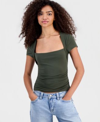 Juniors' Square-Neck Cap-Sleeve Ruched Top