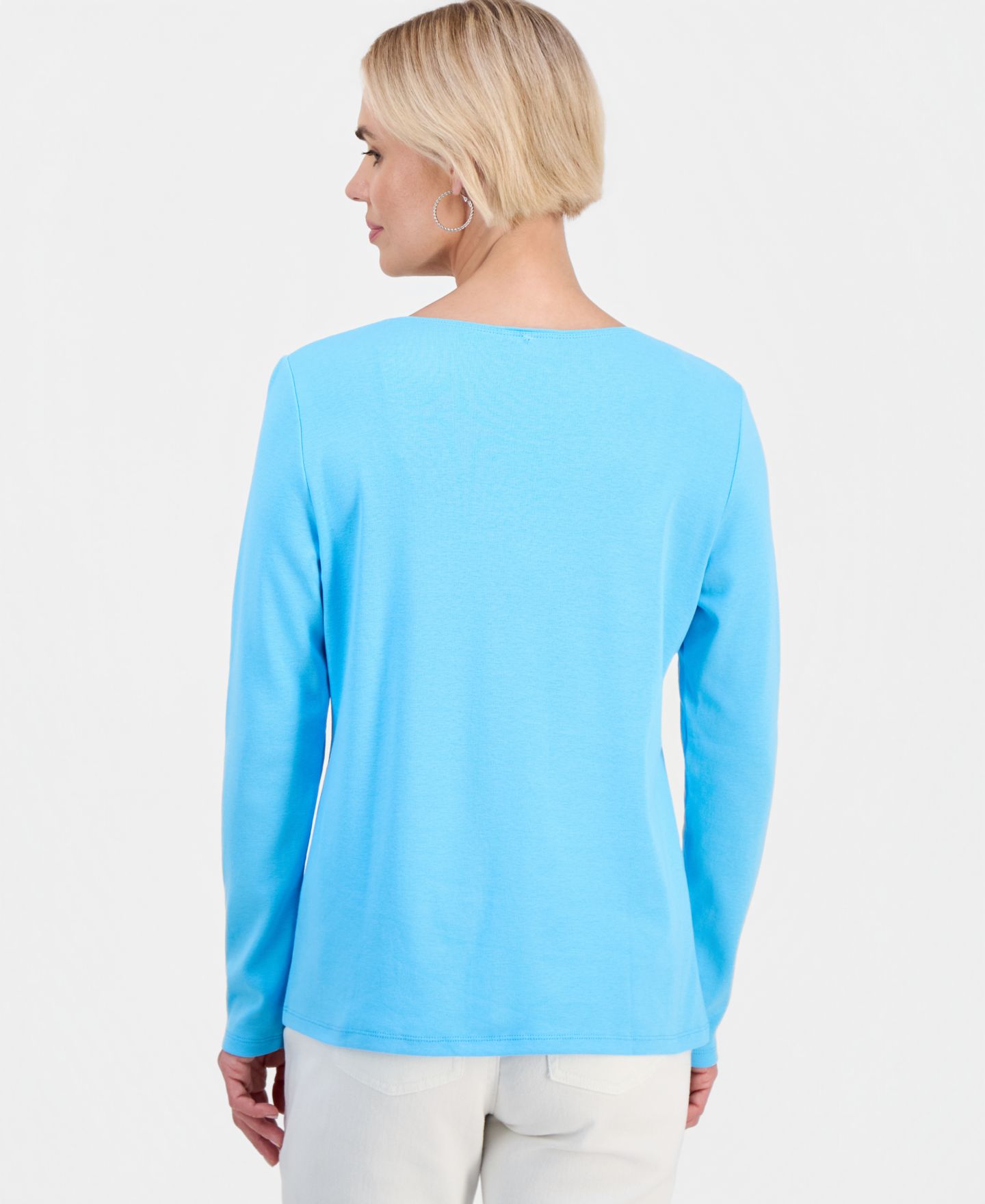 Женский топ Style & Co Petite Scoop-Neck Long-Sleeve Cotton, цвет: Aquarius — фото 3
