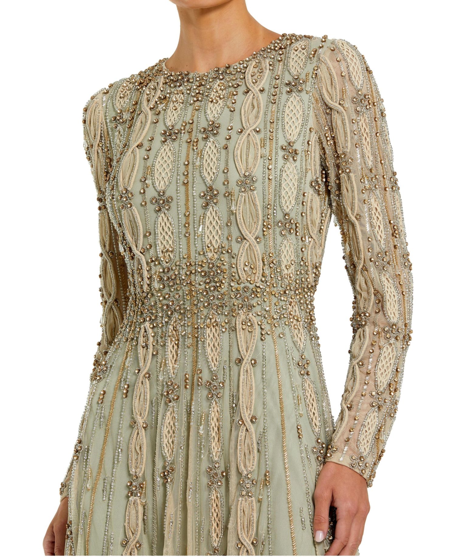 Women's Embellished Mesh Long Sleeve Evening Gown