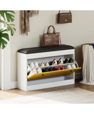 Shoe Storage Bench, Shoe Organizer Bench with Flip Drawer and PU Cushion, Modern Entryway Shoe Cabinet for Hallway, Bedroom, Living Room
