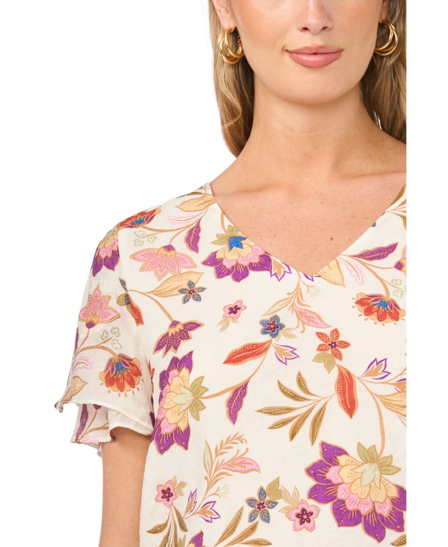 Women's Printed V-Neck Ruffle Seam Top