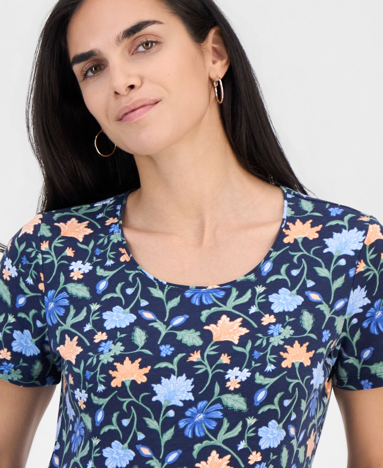 Petite Soft Flora Scoop-Neck Short-Sleeve Top