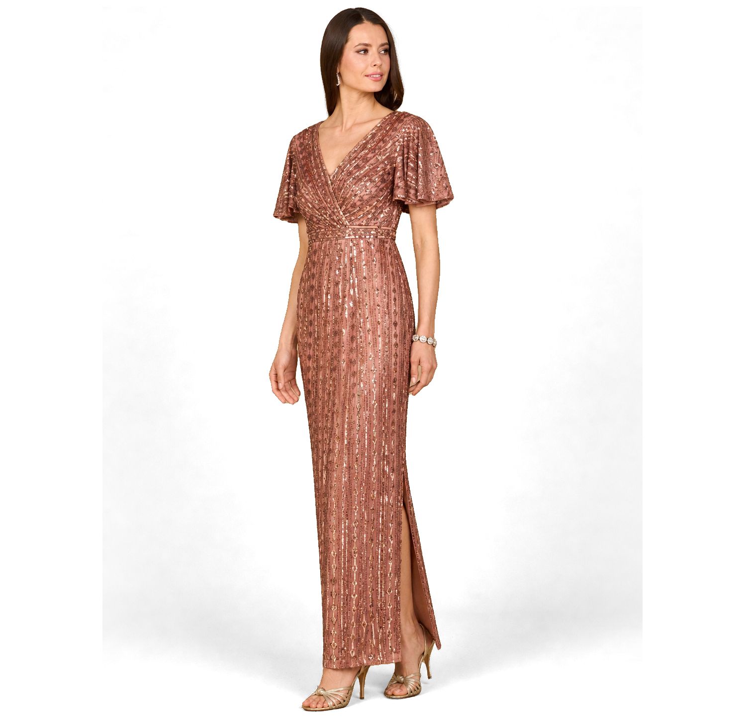 Women's Fully Beaded Gown with Flutter Sleeves