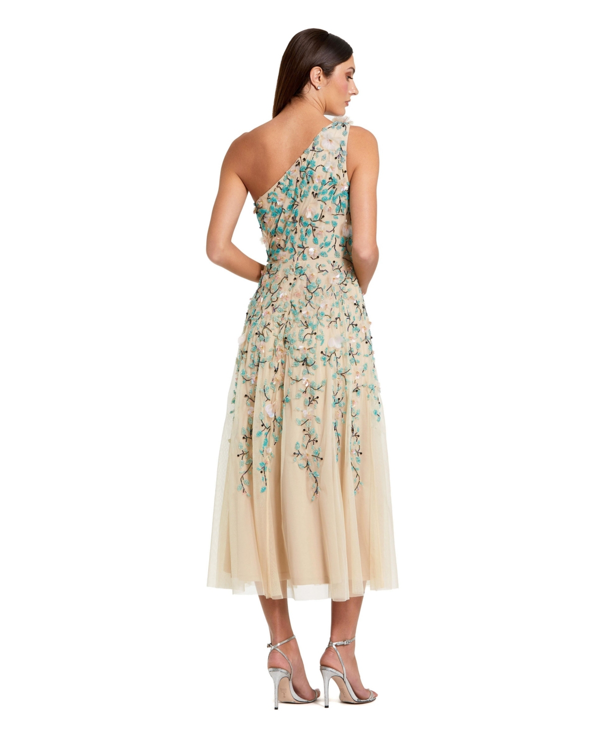 Mac Duggal Women's Floral Embellished Mesh One Shoulder Midi Dress