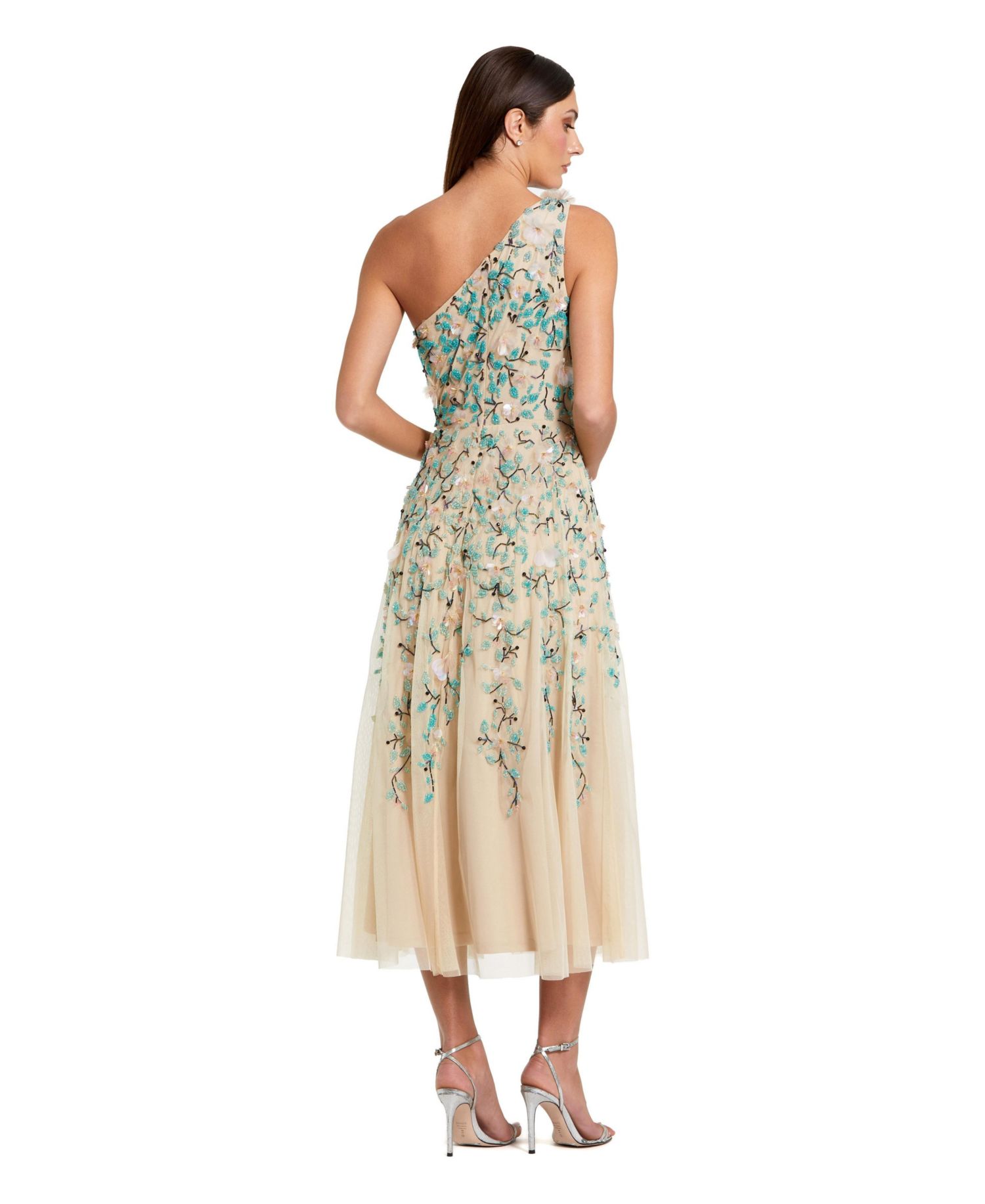 Women's Floral Embellished Mesh One Shoulder Midi Dress
