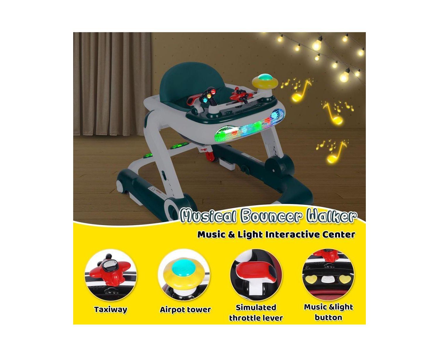 5-in-1 Baby Activity Walker with Music and Lights, Adjustable Height and Safety Bumper