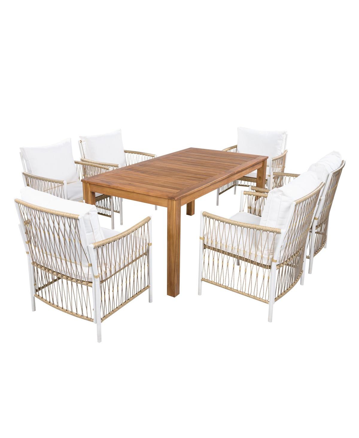Asagikoiai 7-Piece Outdoor Dining Set with Acacia Table and Cushioned Rattan Armchairs