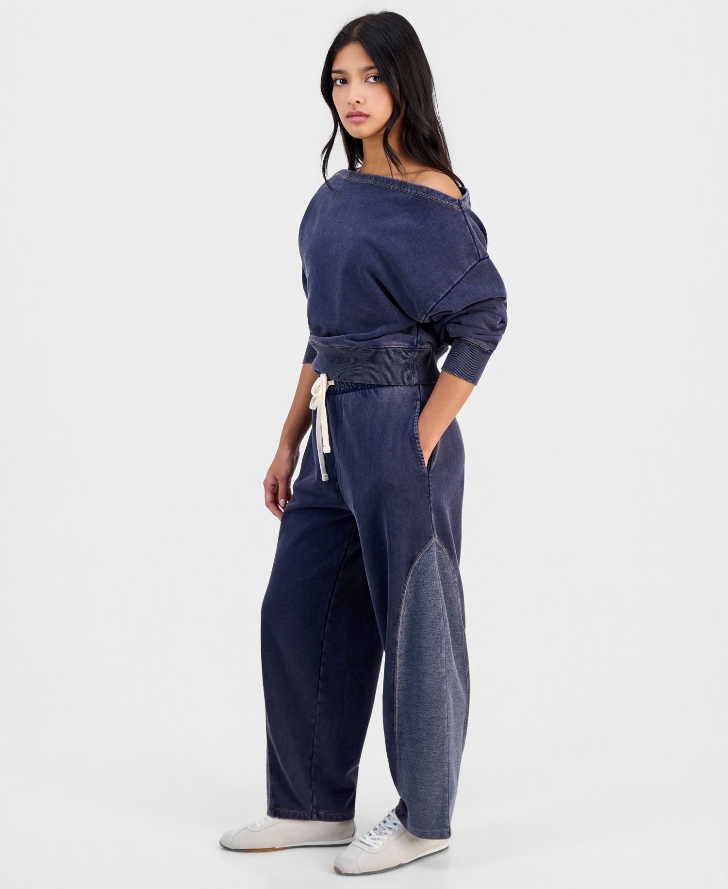 Petite Faux-Denim French Terry Barrel Drawstring Pants