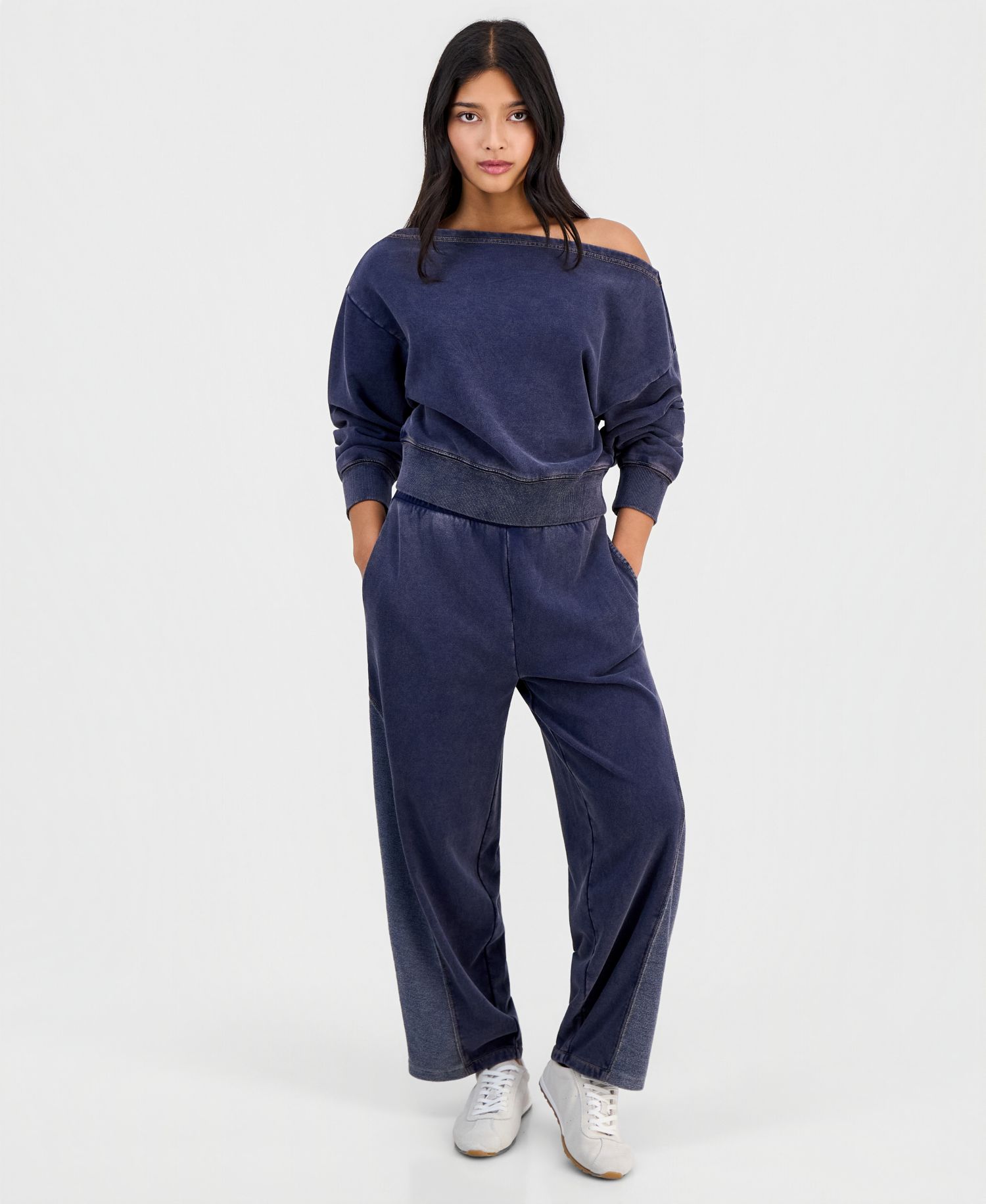 Petite Faux-Denim French Terry Off-The-Shoulder Top