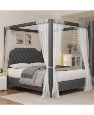  Canopy Bed Frame with Nailhead Decoration Headboard,Upholstered Bed Frame with Poles 4 Corner Bed Bracket, Wood Slats Support