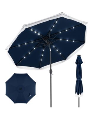 9FT Solar Patio Umbrella w/24 LED Lights Fringe Push Button Tilt Crank Handle
