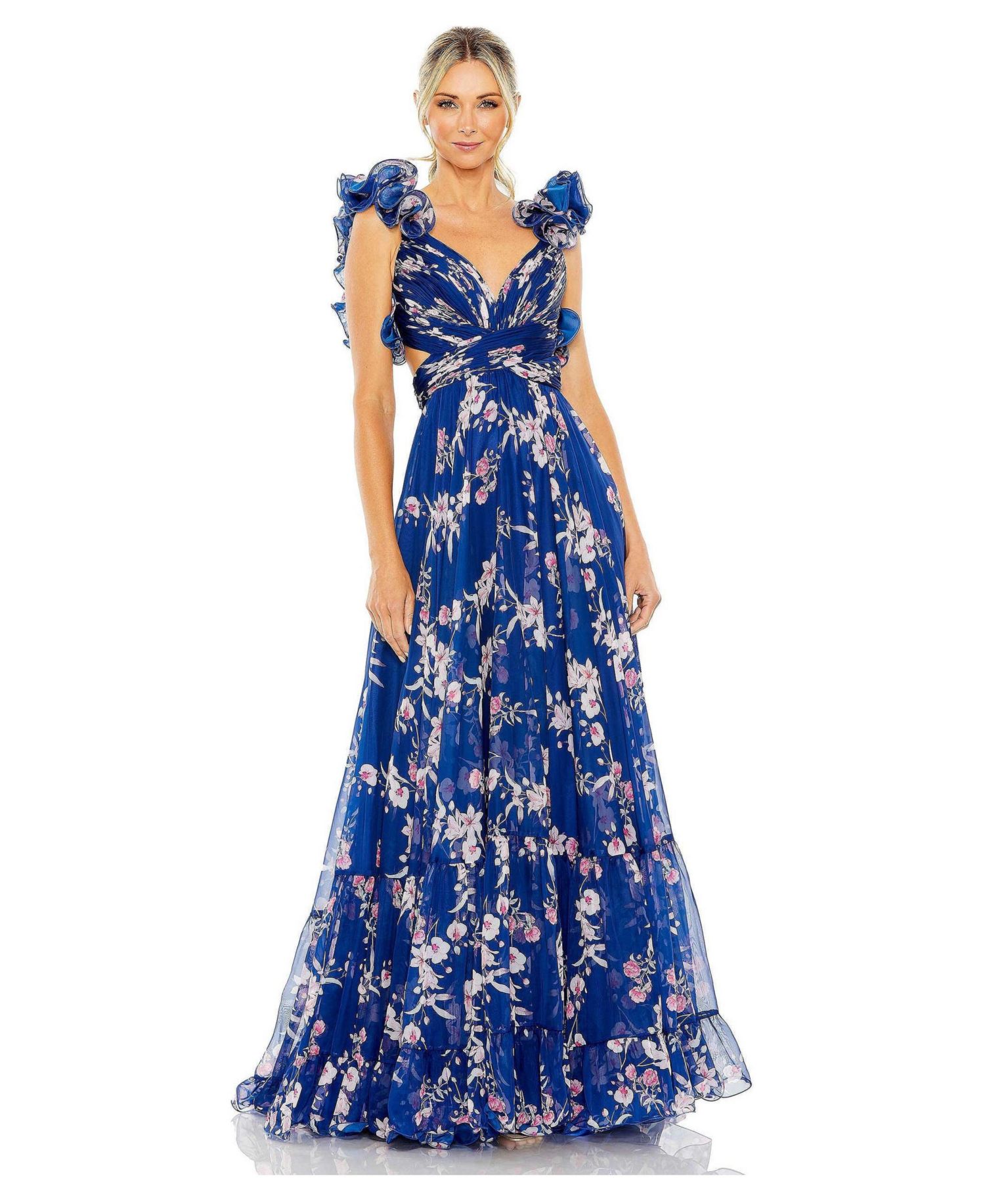 Women's Ruffle Tiered Floral Cut-Out Chiffon Gown