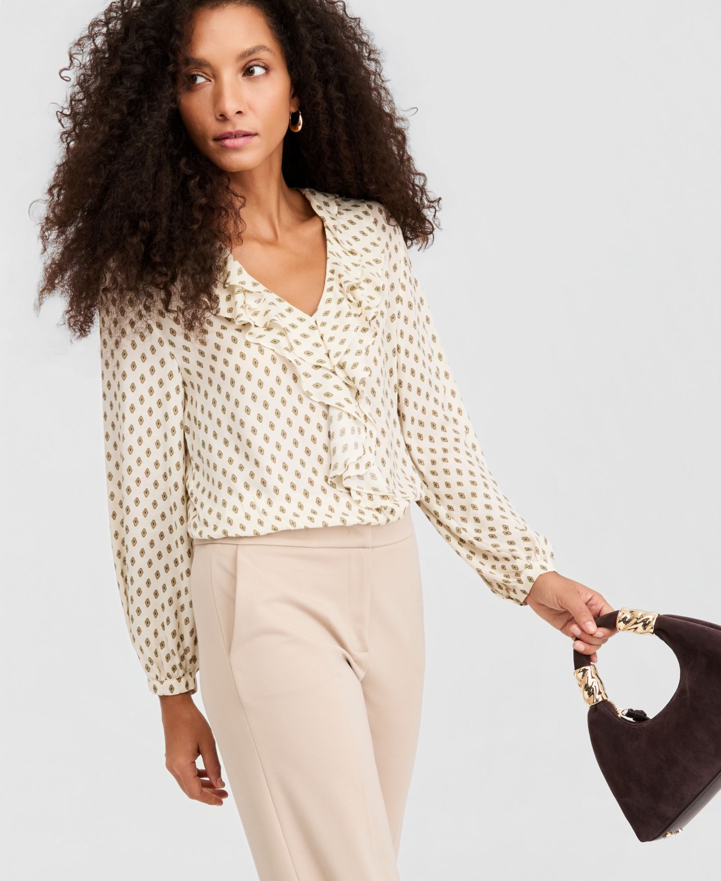 Женская блузка Emme Marella Flounce-Detail V-Neck Long-Sleeve, цвет: Белый — фото 2