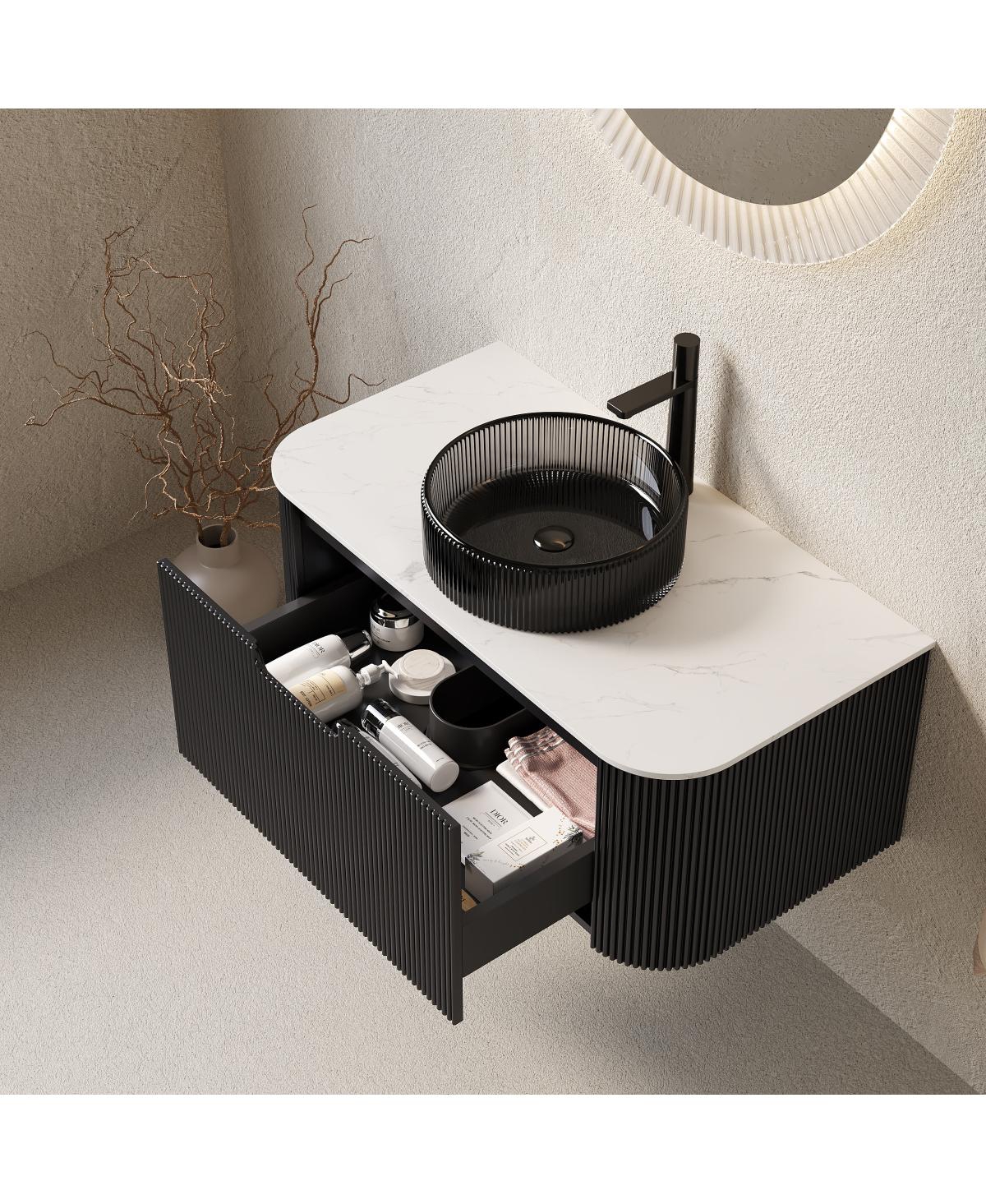 Sillysis Wall Mounted Bathroom Vanity with Glass Vessel Sink, 3D Stripe Plywood Cabinet, Soft Close Drawer