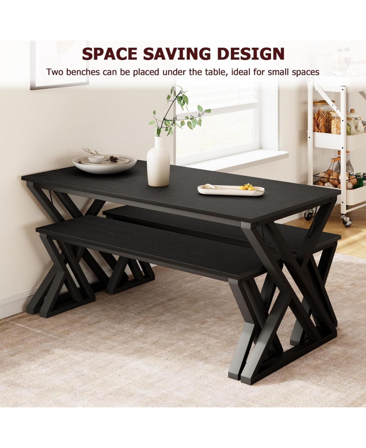 gaomon 55" Dining Table Set for 4 with 2 Benches, Metal Frame