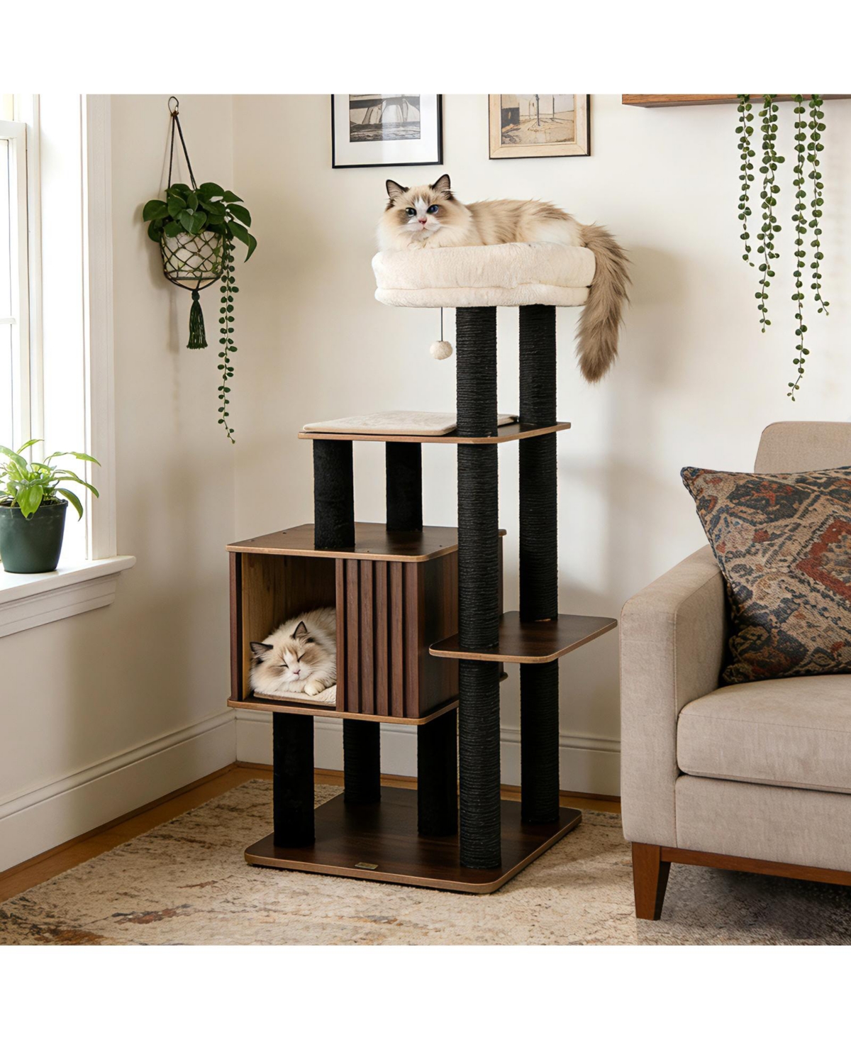 Gymax 53 5'' Tall Cat Tree for Indoor Cat Wooden Cat Tower Top Perch with Soft Padding