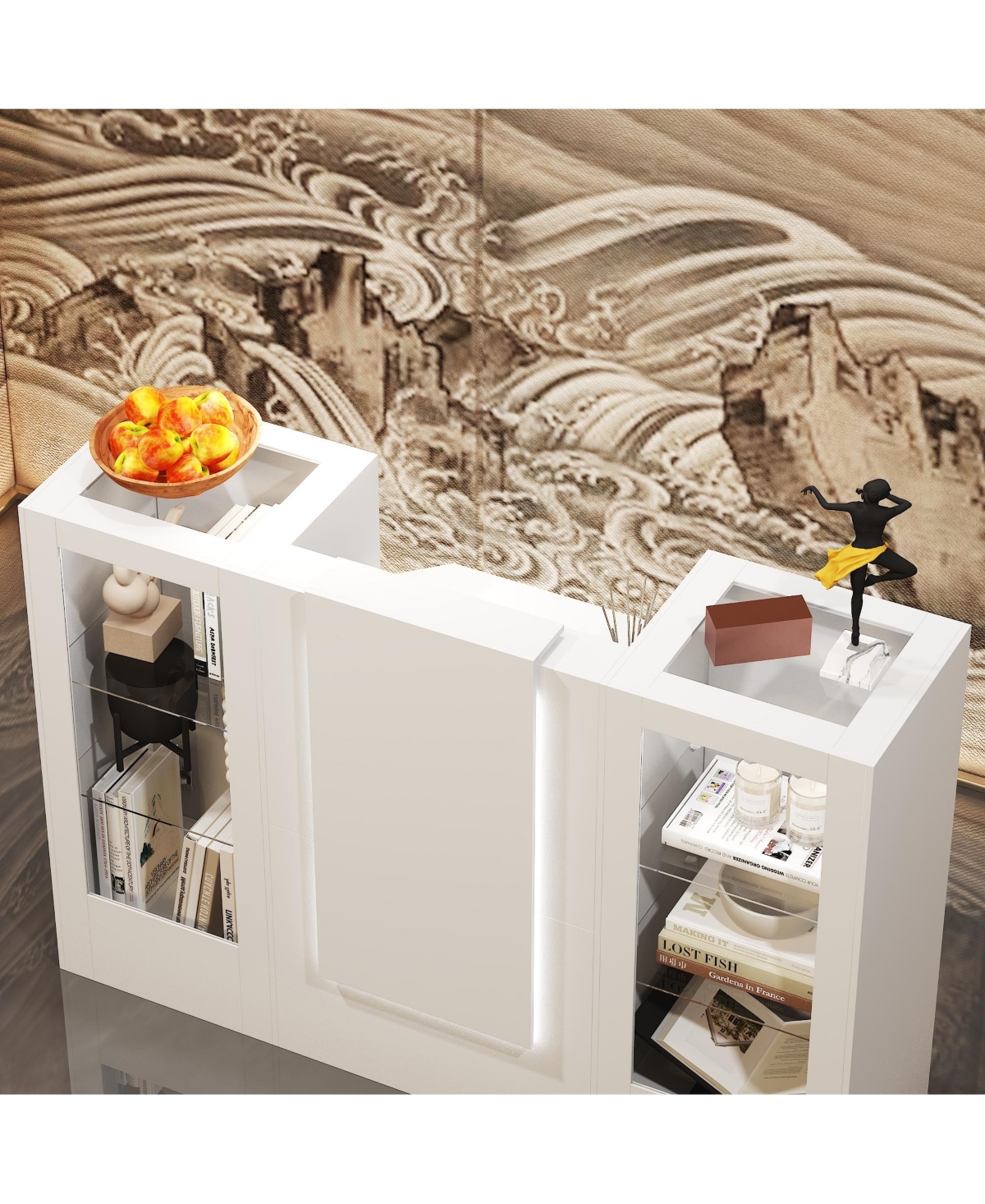 Homsee Modern 59 Inch Display Console - Tempered Glass Led Light Kit Engineered Wood