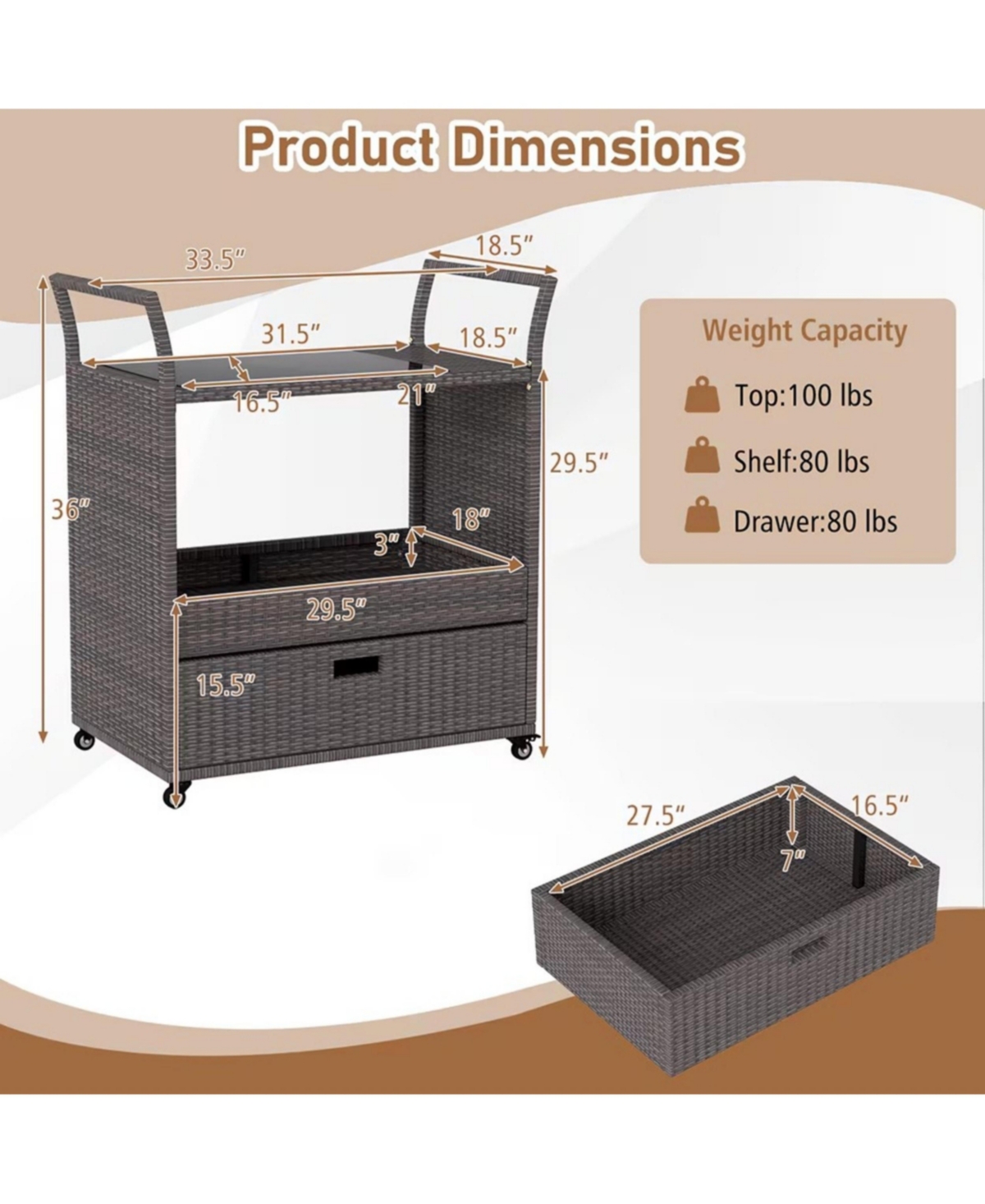 Yiortwo Outdoor Wicker Bar Cart with Tempered Glass Top Rolling Patio Serving Cart with Storage Drawer