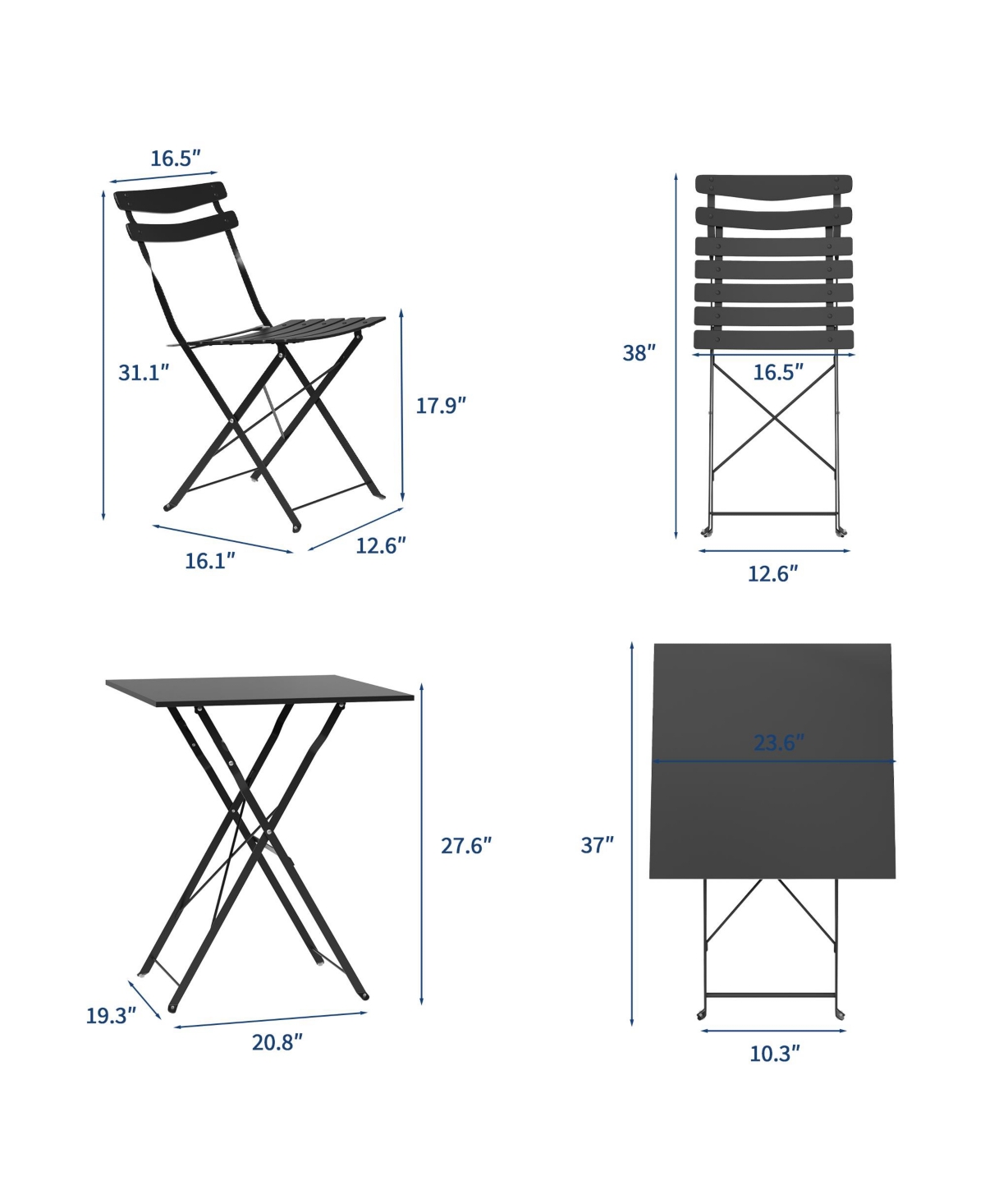 gaomon 3-Piece Folding Patio Bistro Set with Square Table and 2 Chairs, Metal Outdoor Seating for Balcony, Garden, Porch