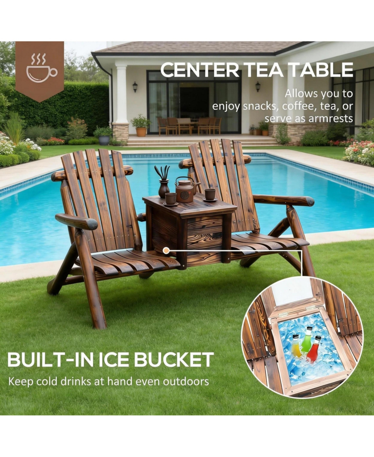 Yiortwo Double Adirondack Loveseat with Built-In Ice Bucket Table, Wooden Patio Chair