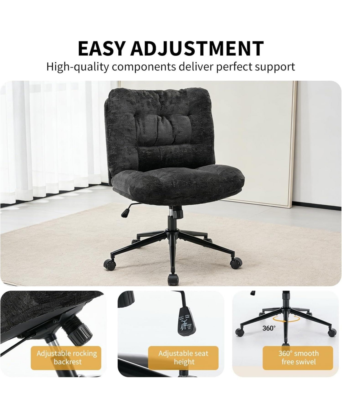 gaomon Set of 2 Home Office Chairs with Wheels, Armless Chenille Vanity Desk Chair, Double Cushion Wide Seat