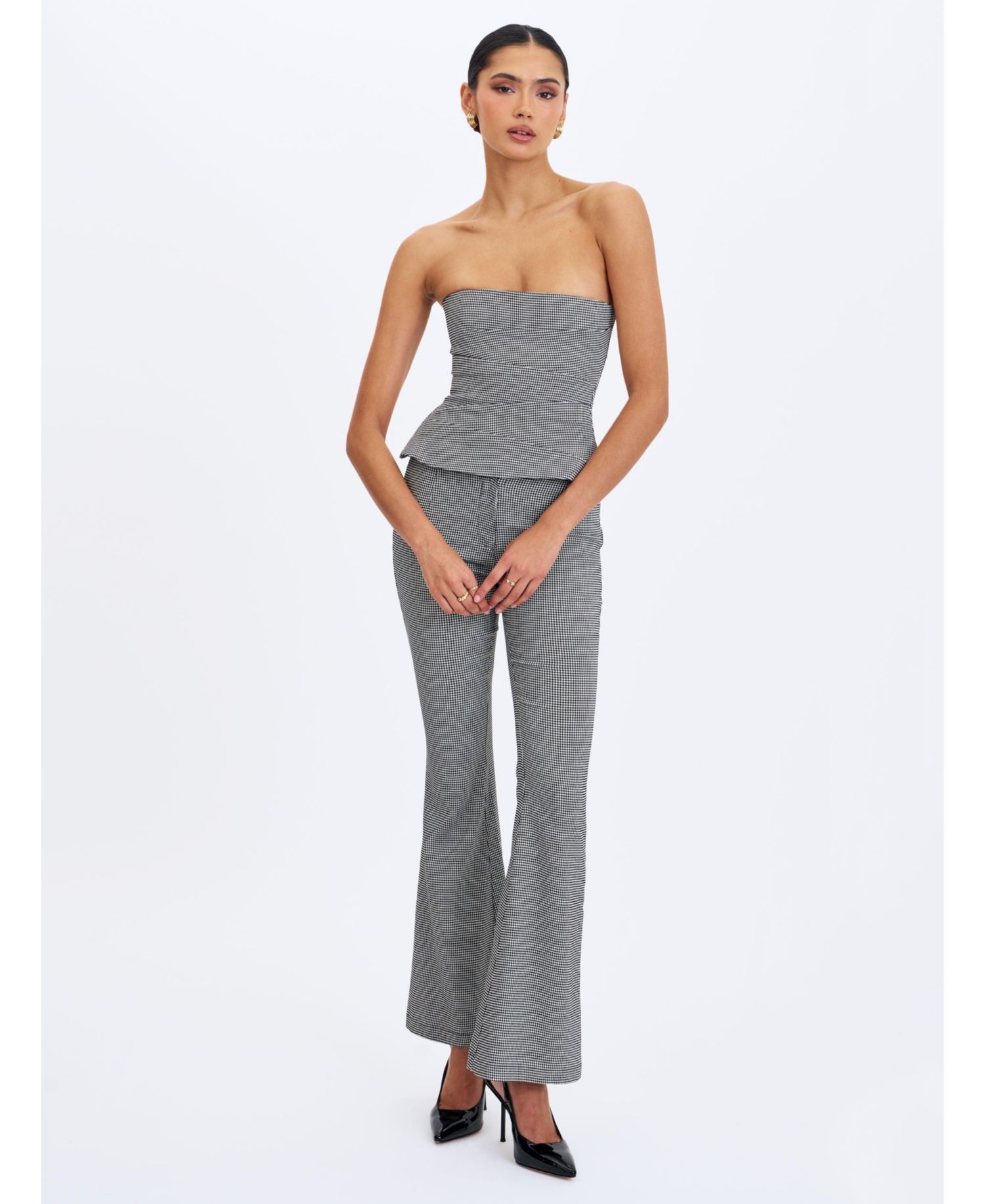 Women's Ulla Micro-Houndstooth Strapless Peplum Top