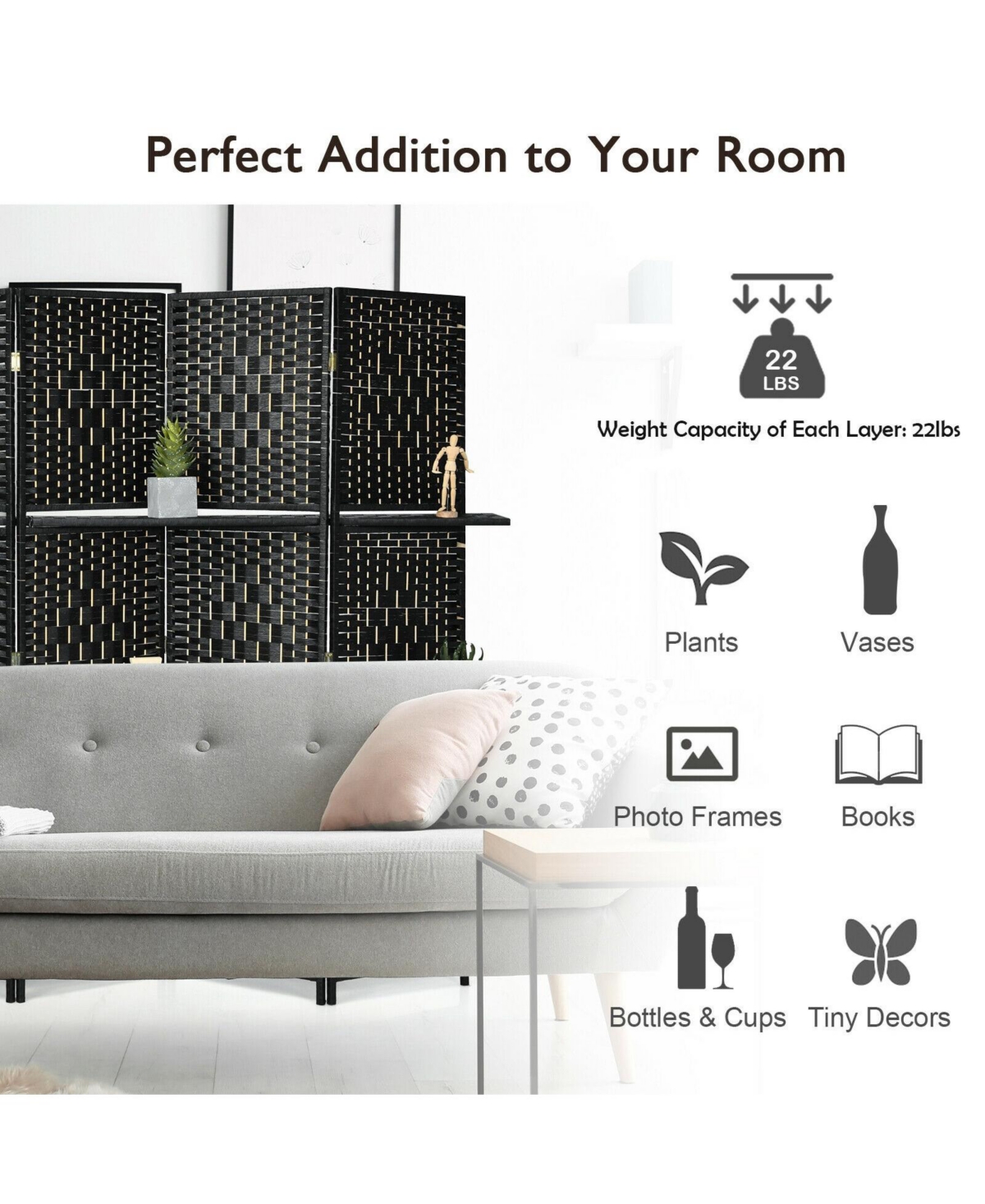 sumyeg 6-Panel Folding Fiber Room Divider with 2 Display Shelves for Indoor Use