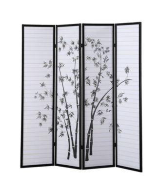 Bamboo Print 4-Panel Framed Room Divider Screen for Indoor Space Separation and Privacy Use