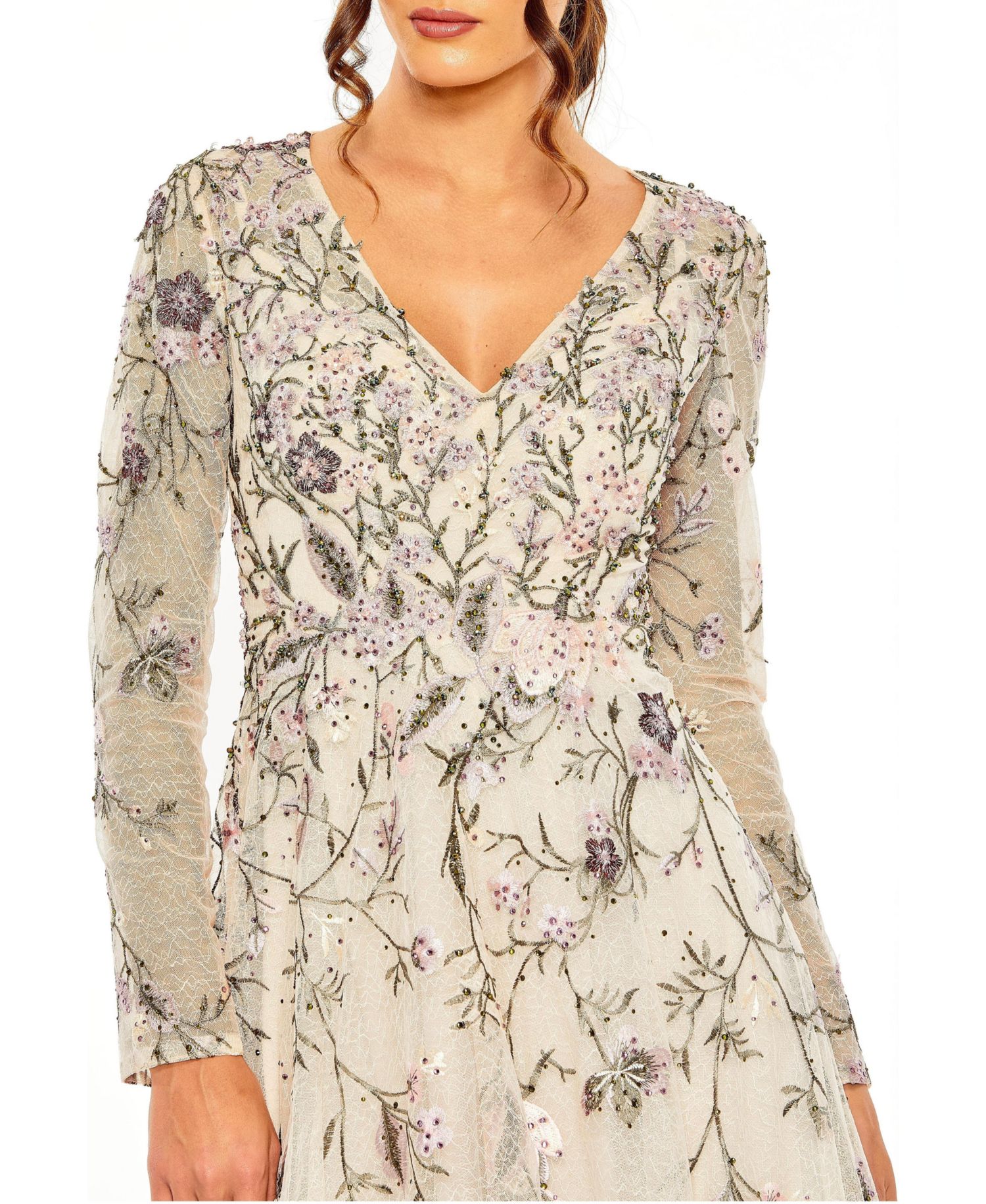 Women's V Neck Long Sleeve Embroidered A Line Gown